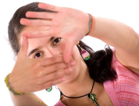 girl doing a handsframe over a white background