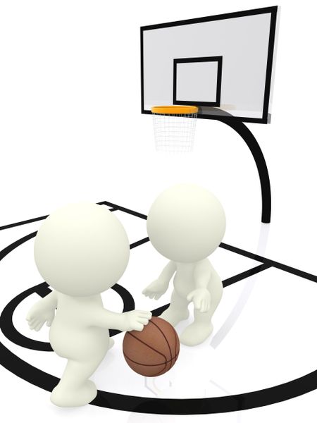 3D people bouncing basketball to score on a white court