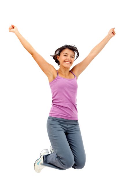 casual woman full of success jumping with her arms up isolated over a white background