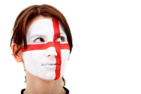 Portrait of a woman with the english flag painted on her face isolated over white