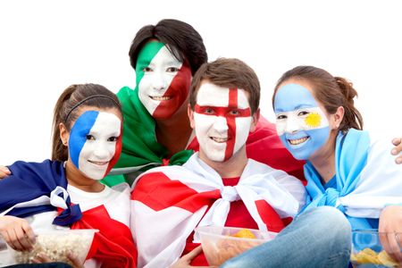 Group of football fans looking happy with their faces painted - Isolated over white