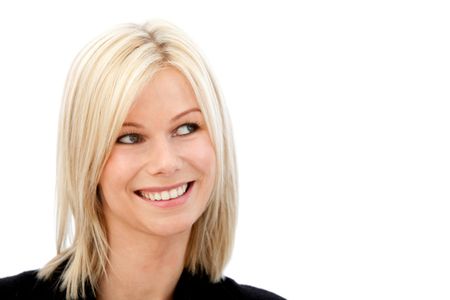 Friendly business woman smiling isolated over a white background