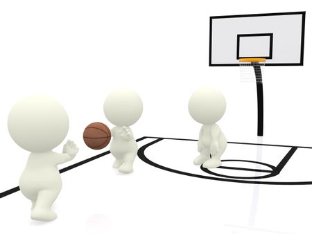 3D people playing basketball in an black&white court