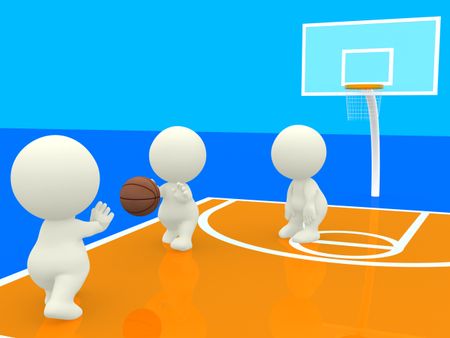 3D people playing basketball in an orange/blue court