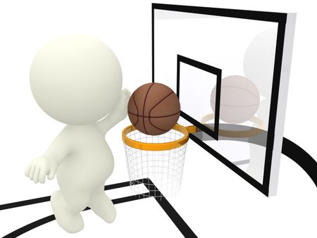 3d man playing basketball and scoring in a black&white court