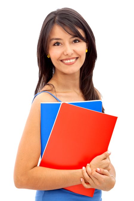 Beautiful female student carrying notebooks isolated over a white background