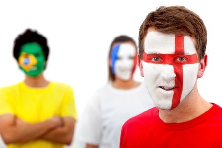 Football fans with flag painted on their faces - isolated over a white background