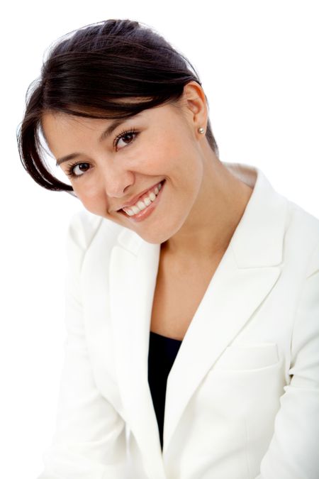 Beautiful business woman smiling isolated over a white background