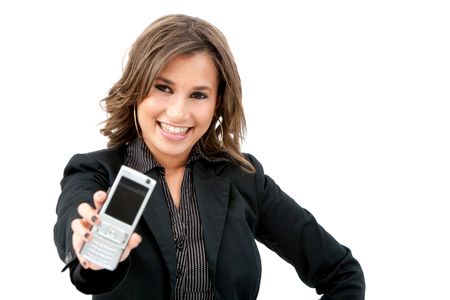Business woman holding a phone isolated over a white background