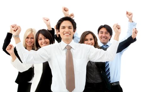 Successful business team with arms up isolated over a white background