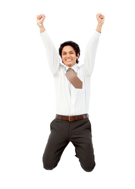 Successful business man jumping isolated over a white background