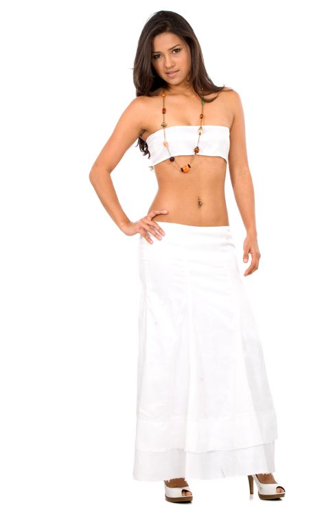 beautiful latin american fashion girl dressed in white - isolated