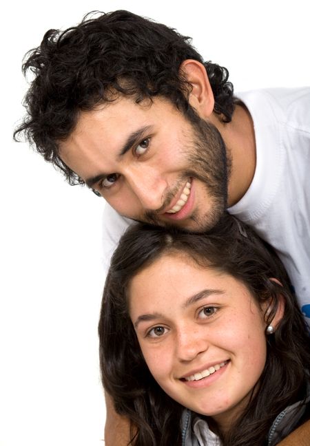 couple of young friends portrait - over a white background