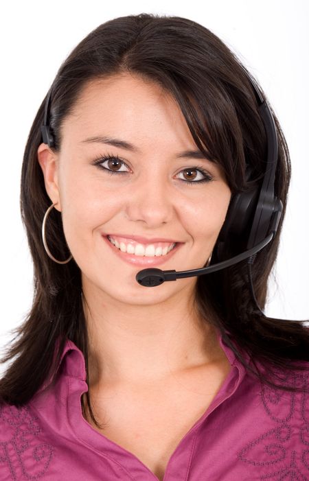 customer service girl smiling with hand on headset - isolated over a white background