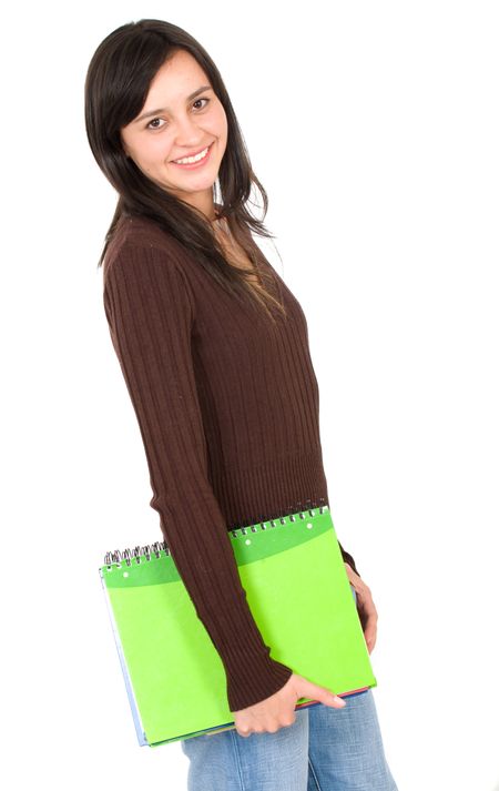 female student carrying notebooks over a white background