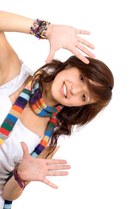 funky girl doing a handframe over a white background