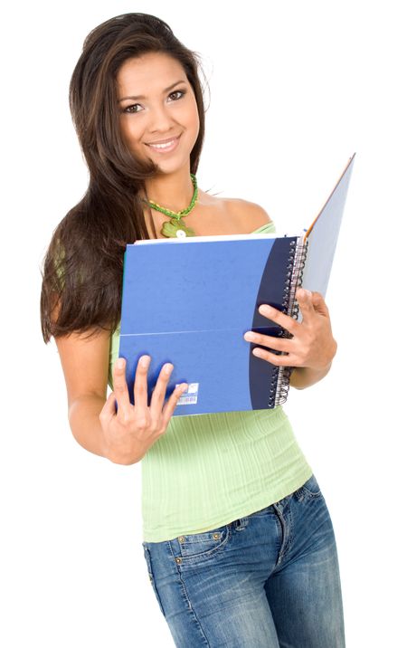 gorgeous female student carrying notebooks over a white background