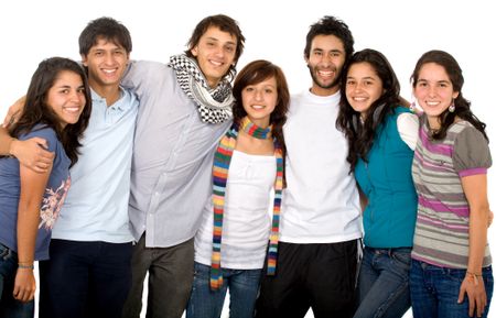group of happy friends portrait where all look happy and smiling