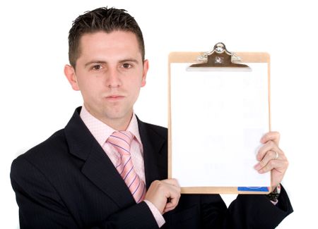 business man holding a writing pad over a white background