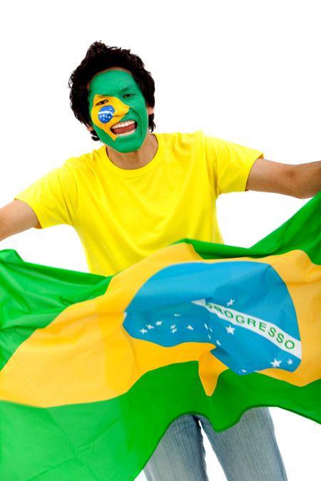 Portrait of a man with the brazilian flag painted on his face isolated over white
