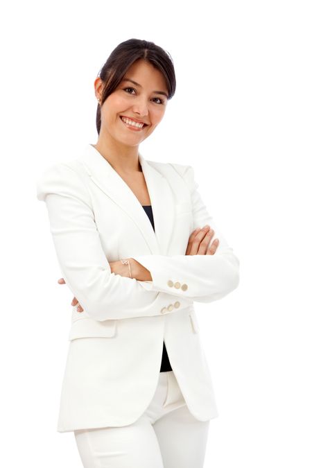 Friendly business woman portrait smiling isolated over a white background