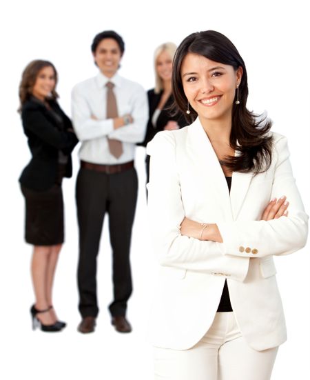 Business woman smiling with her team behind her - isolated over white