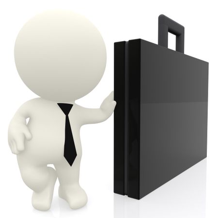 3D business man leaning on a briefcase isolated over a white background