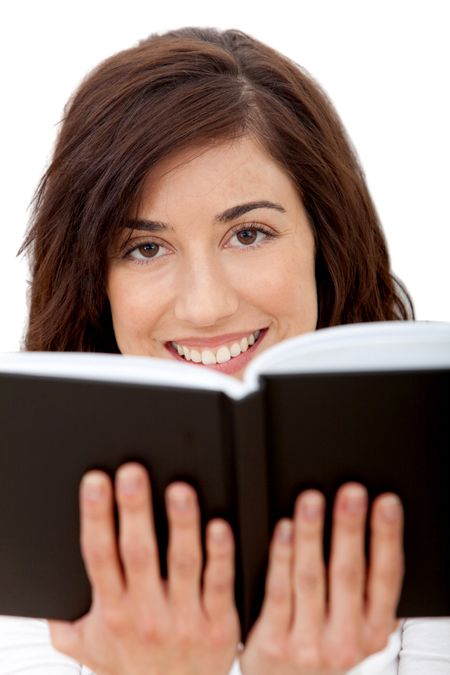 Woman holding a book isolated over a white background