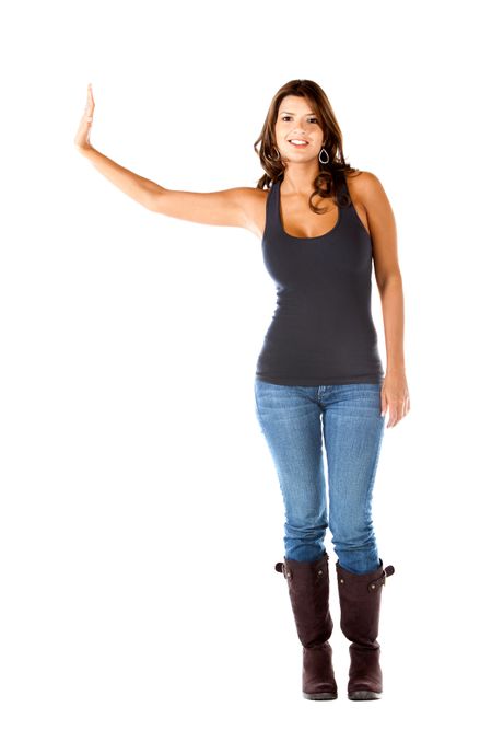 casual woman smiling leaning on something isolated over a white background