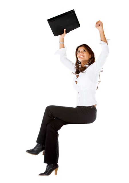 successful business woman with arms up isolated over a white background