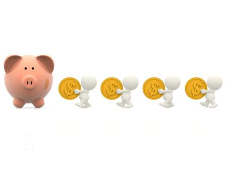 3D people taking money to a piggybank - isolated over a white background