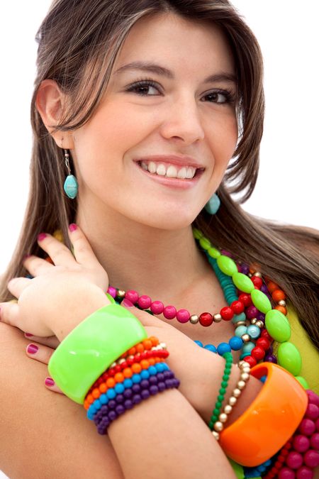 Woman with colorful jewelry isolated over a white background