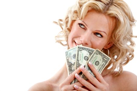 Pensive woman holding dollar bills isolated over a white background