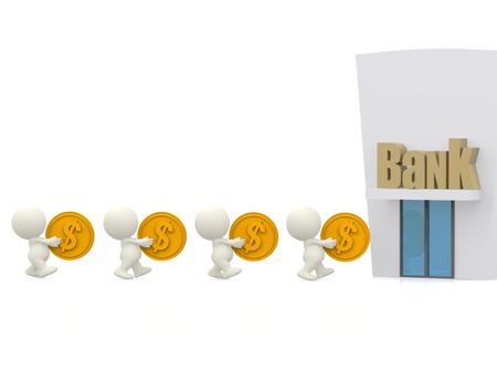 3D people queuing at the bank carrying coins - isolated over a white background