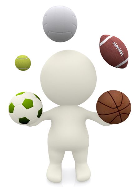 3D person juggling with sport balls isolated over a white background