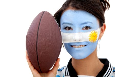 Argentinean rugby fan with painted face isolated over a white background
