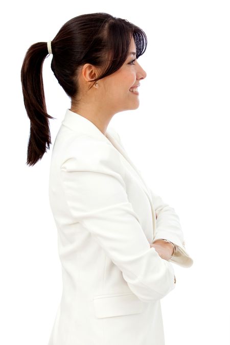 Business woman to the side  isolated over a white background