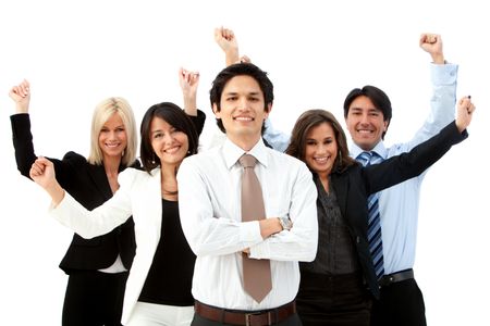 Excited business group with arms up isolated over a white background