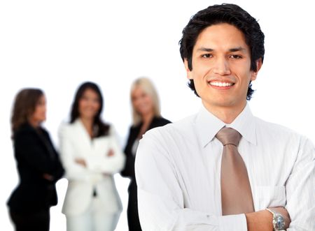 Business man smiling with a group behind him isolated over a white background