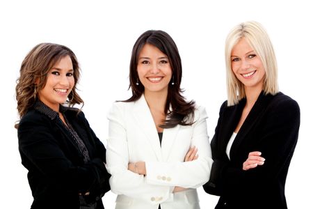 Group of business women smiling isolated over a white background