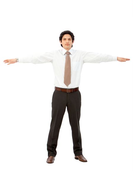 Business man with arms outstretched isolated over a white background