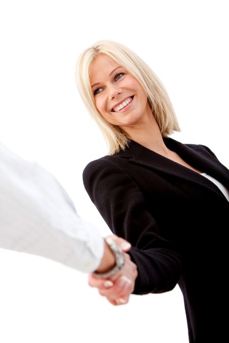 Business woman handshaking with an other person - isolated over a white background