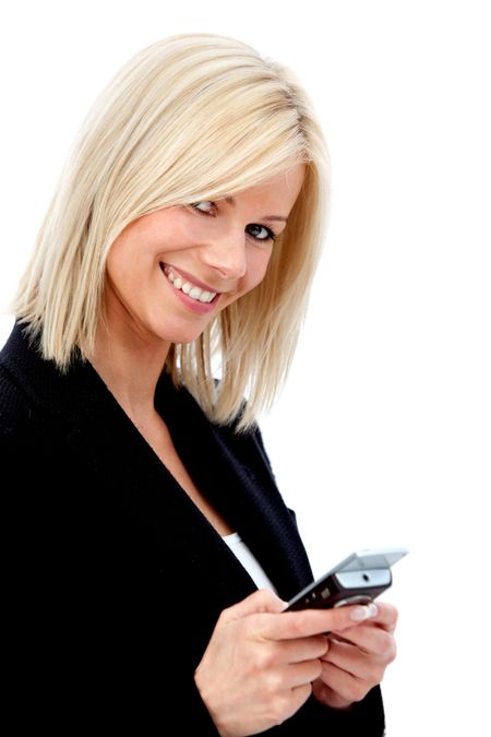 Business woman texting from her cell isolated over a white background