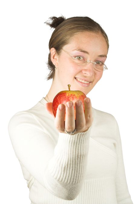 beautiful teacher holding an apple