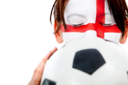 English football fan with the flag painted on her  face - isolated over white