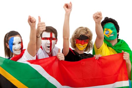 Group of excited football fans with painted faces isolated over a white background