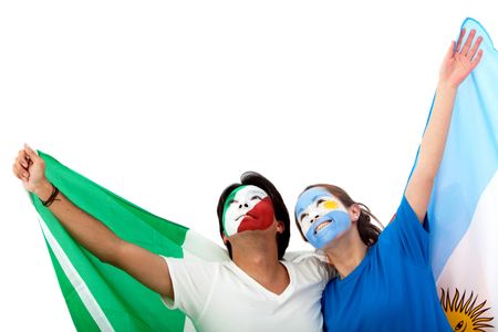 Football fans with painted faces isolated over a white background