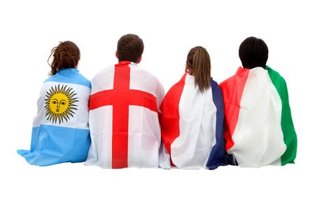 Football fans with flags on their backs - isolated over a white background