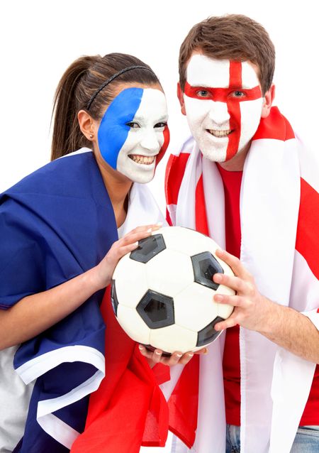 Football fans with painted faces isolated over a white background