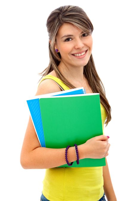 Young female student with notebooks isolated over a white background